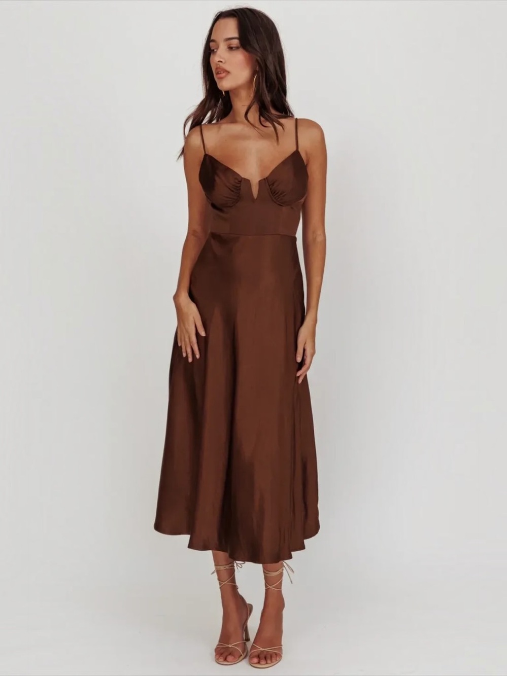 Chocolate Brown Satin Lake Como Fitted Bodice Midi Dress Medium